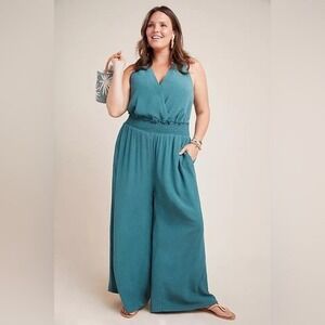 Anthropologie Plus Size 2X Teal Bionda Plisse Sleeveless Wide Leg Jumpsuit